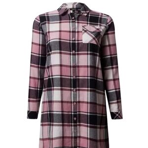 Torrid Pink and Black Plaid Button-Up Flannel Midi Shacket.
